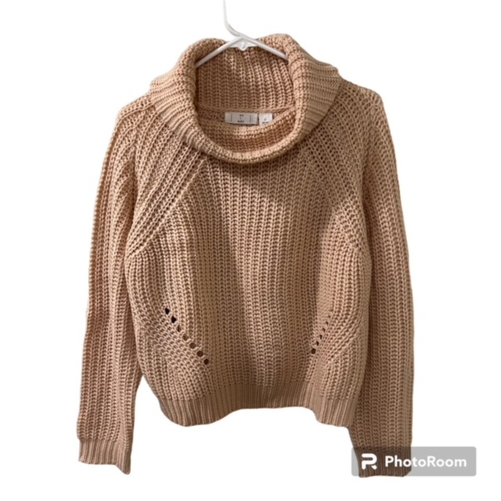 Ivy + Main Womens L Tan Chunky Knit Cropped Turtleneck Sweater Pullover